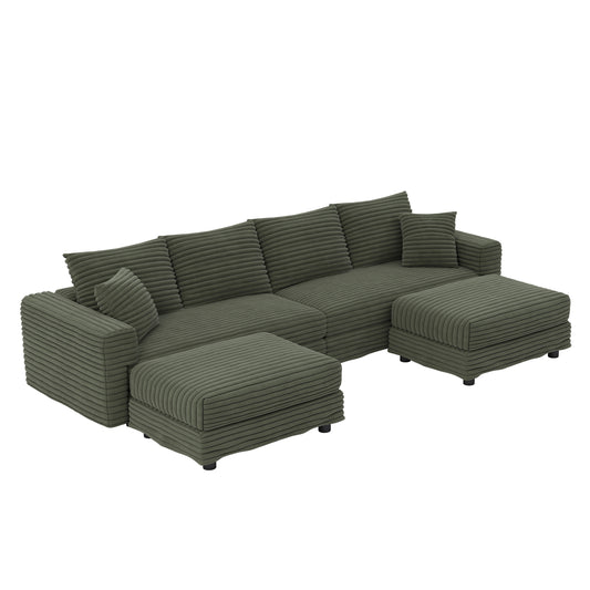 104.3 ' Plush Corduroy 4-Seat Sofa, Modern Comfy Upholstered Sofa Cloud Couch, Deep Seat Couches with Soft Pillows and 2 Ottomans, Convertible Sofa Lounge Chair, for Living Room,Apartment,Office,Green