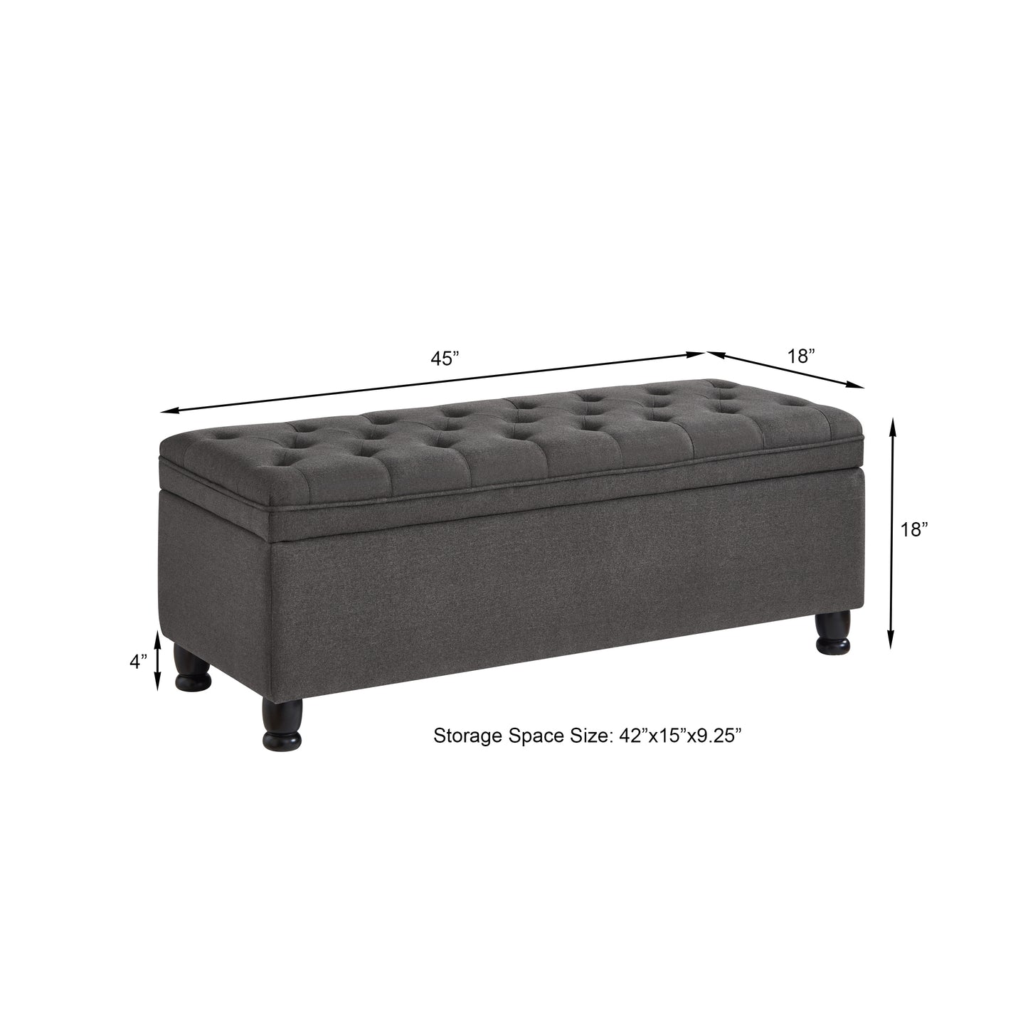 Upholstered tufted button storage bench ,Linen fabric entry bench with spindle wooden legs, Bed bench- Dark Gray