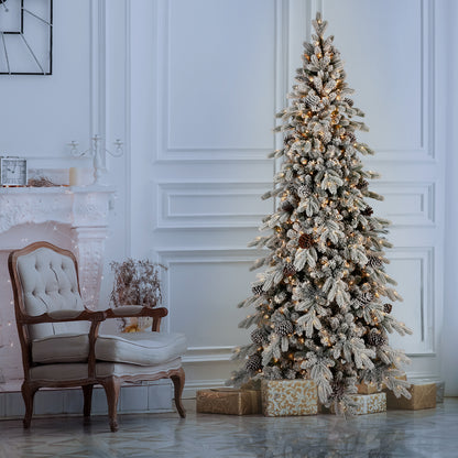 9FT Flocked PE/PVC Christmas Tree with 1250 Warm White LED Lights – 2138 Tips, 52 Natural Pine Cones, Snowy Effect, Hinged Branches, Metal Stand