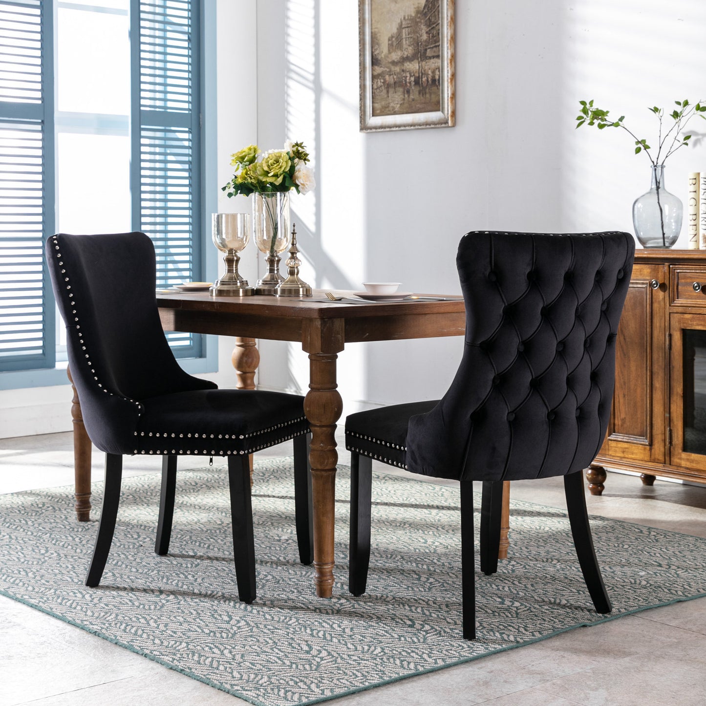 Silla de comedor tapizada con respaldo de orejas, ribete de clavos con pespuntes y patas de madera maciza, juego de 2, negro, SW8809BK, KD