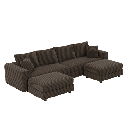 104.3 ' Plush Corduroy 4-Seat Sofa, Modern Comfy Upholstered Sofa Cloud Couch, Deep Seat Couches with Soft Pillows and 2 Ottomans, Convertible Sofa Lounge Chair, for Living Room,Apartment,Office,Camel