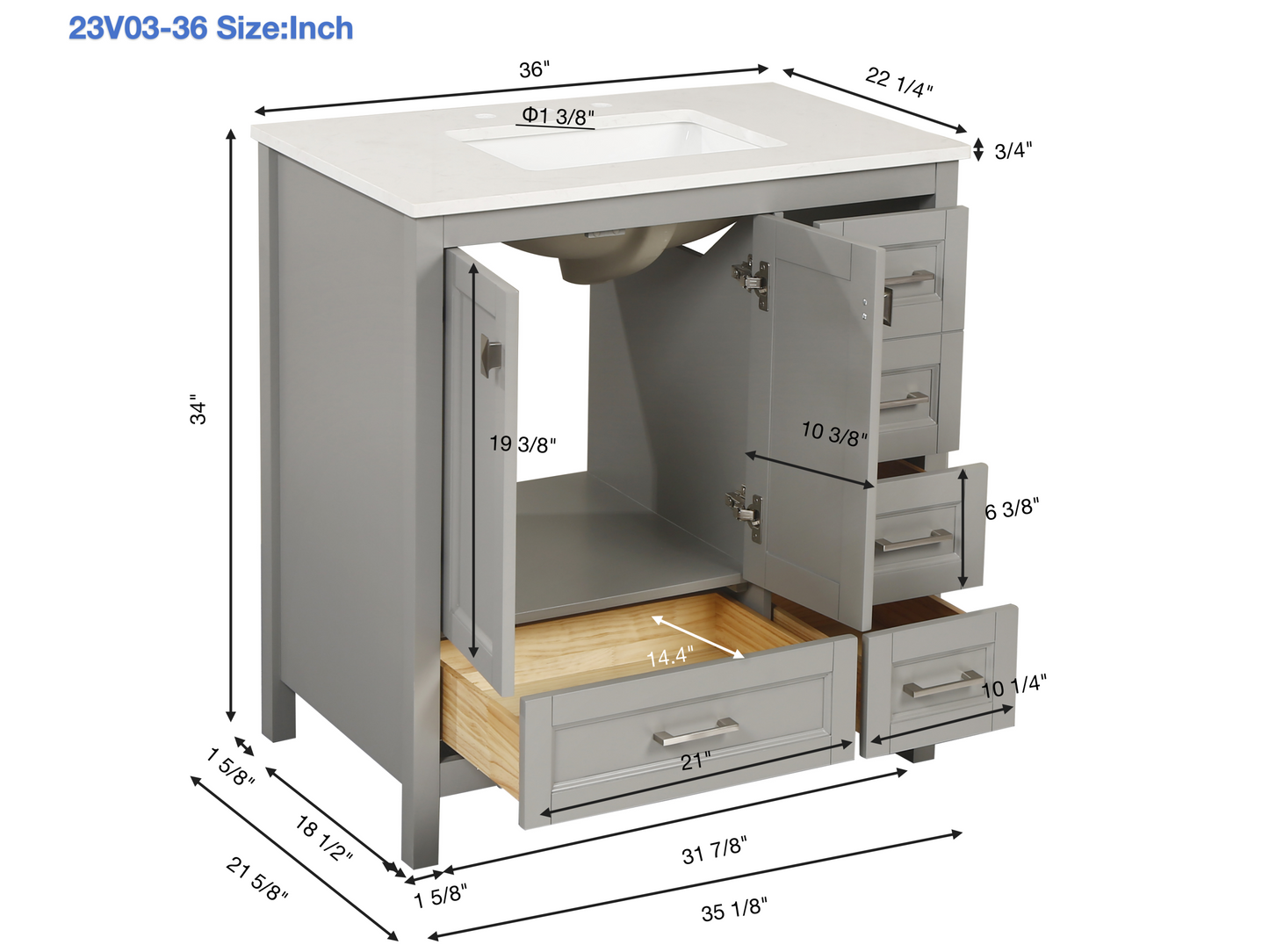 Combinación de lavabo de tocador con encimera de mármol, gabinete de lavabo de baño y tocadores de baño para decoración del hogar - Tocador blanco de 36 pulgadas totalmente ensamblado con fregadero 23V03-36WH