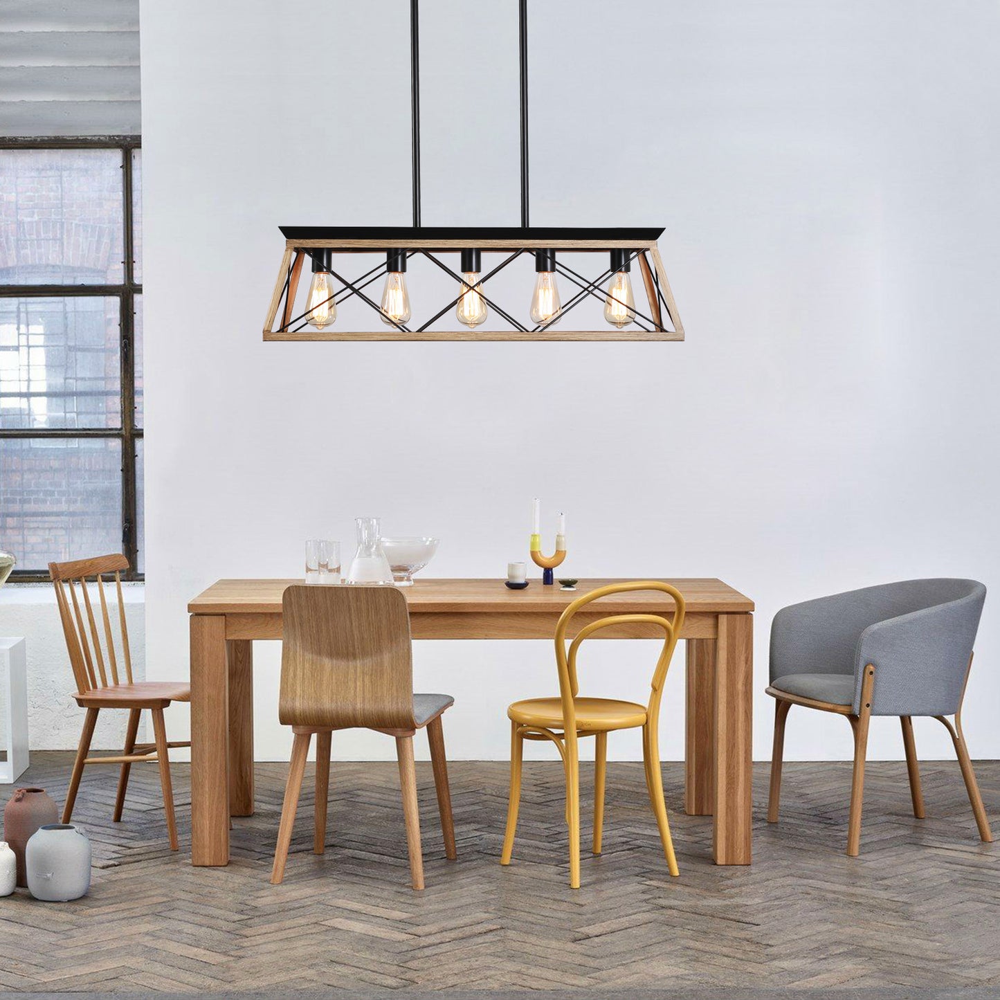32' Oak Industrial 5-Light Pendant Chandelier, Modern Metal Cage Design, Adjustable Hanging Light for Dining Room, Kitchen, Living Room (No Bulbs)