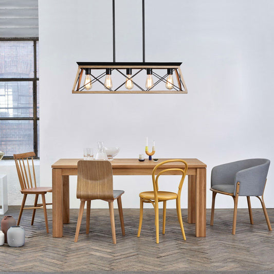 32' Oak Industrial 5-Light Pendant Chandelier, Modern Metal Cage Design, Adjustable Hanging Light for Dining Room, Kitchen, Living Room (No Bulbs)