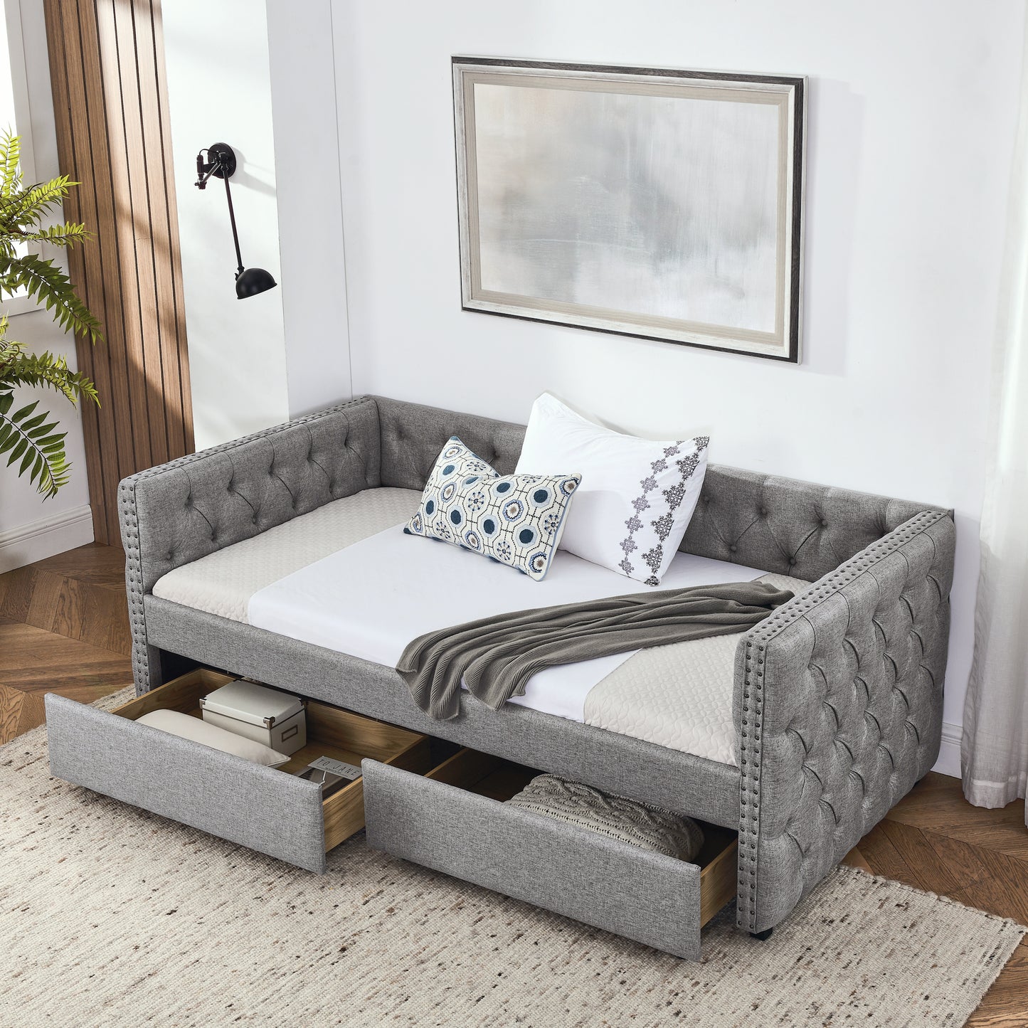 Upholstered Twin Size Daybed with Two Drawers, with Button and Copper Nail on Square Arms, Grey (82.75''x43''x30.75'')