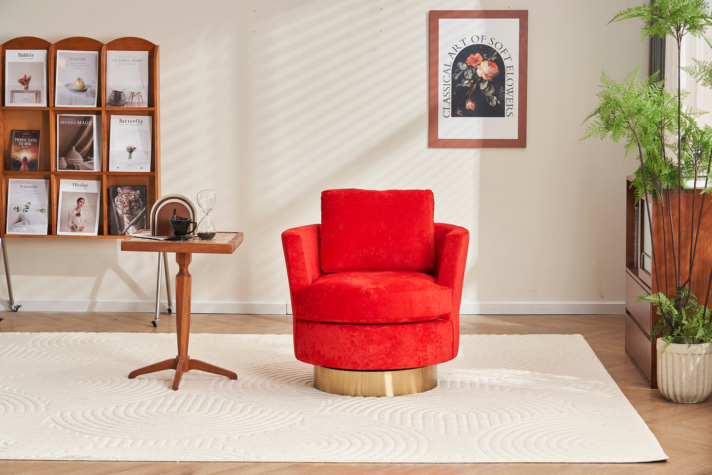 Silla giratoria de terciopelo, sillas giratorias decorativas, sillón para sala de estar, sillas de lectura para dormitorio, cómodas, sillas redondas con base de acero inoxidable dorado (rojo)