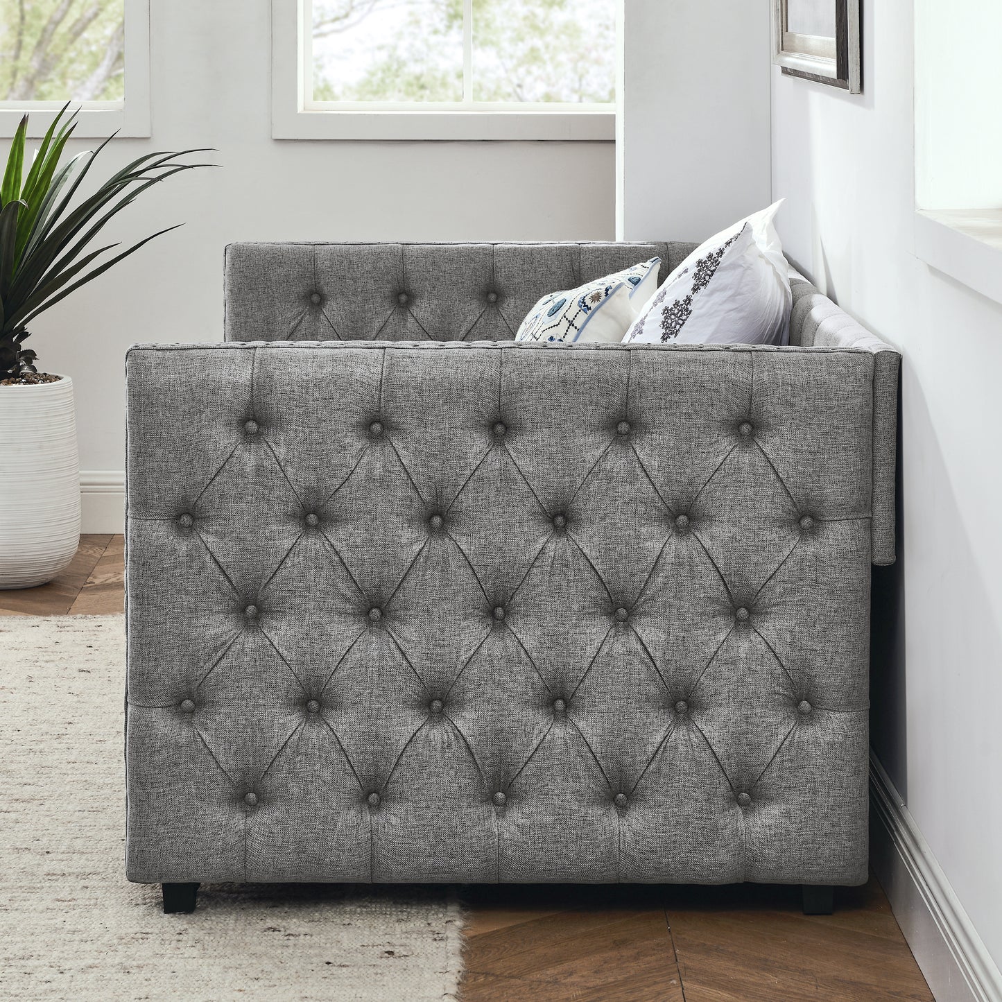 Upholstered Twin Size Daybed with Two Drawers, with Button and Copper Nail on Square Arms, Grey (82.75''x43''x30.75'')