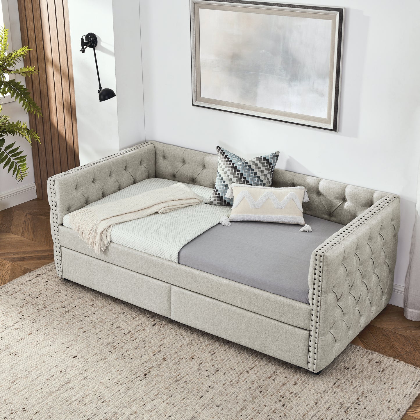 Sofá cama doble tapizado con dos cajones, con botón y clavo de cobre en brazos cuadrados, beige (82.75''x43''x30.75'')