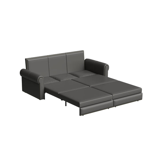 93.7 ' Pull Out Sofa Bed, 3-in-1 Faux Leather Convertible Sleeper Sofa with Nailhead Trim & Rolled Arm,Multi-Functional Sofa Bed for Living Room,Bedroom,Apartment,Office