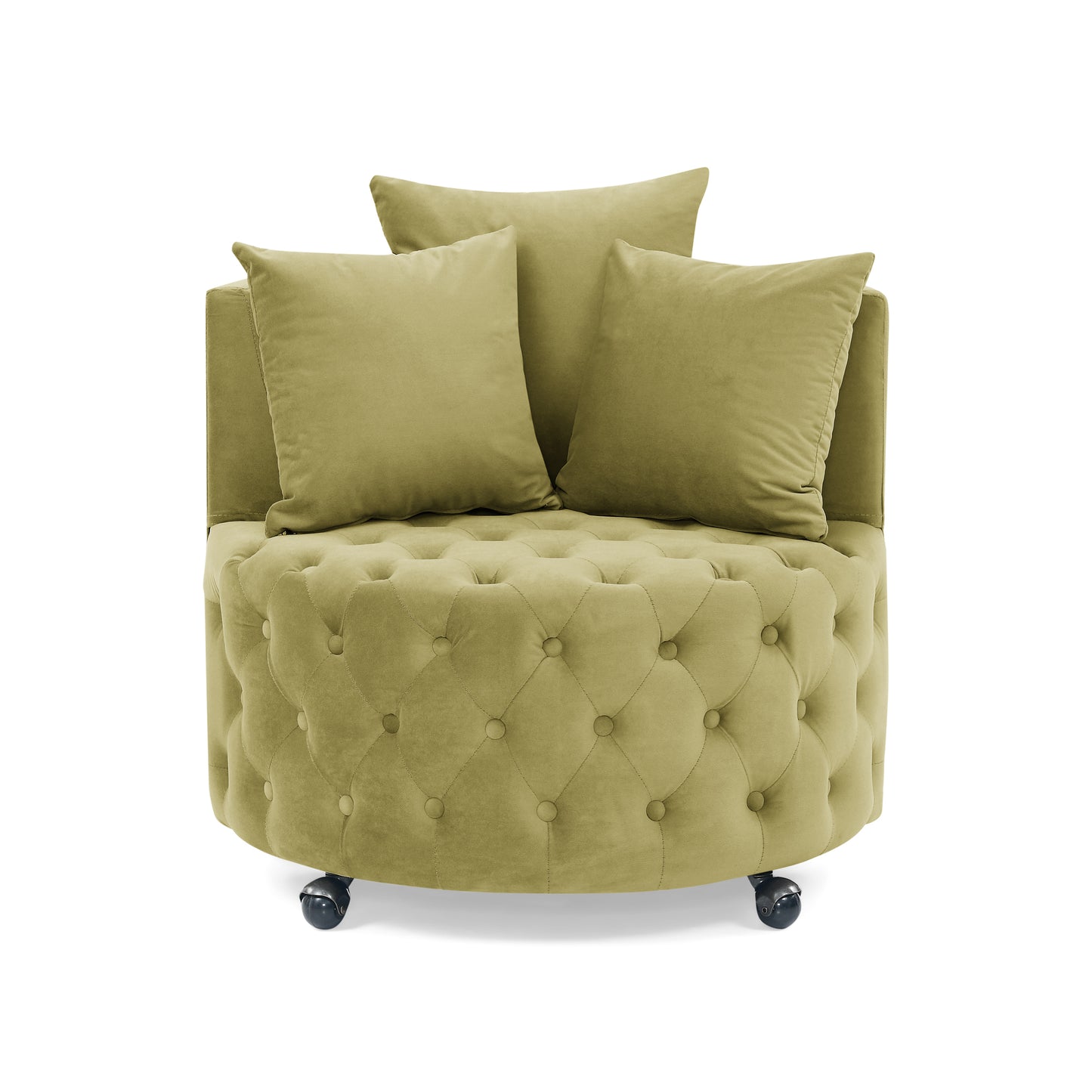 Silla giratoria tapizada en terciopelo para sala de estar, con diseño de botones y ruedas móviles, incluye 3 almohadas, verde caqui