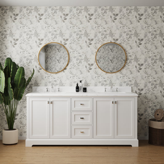 Combinación de lavabo de tocador con encimera de mármol, gabinete de lavabo de baño y tocadores de baño para decoración del hogar - Tocador blanco de 72 pulgadas completamente ensamblado con fregadero 23V02-72WH