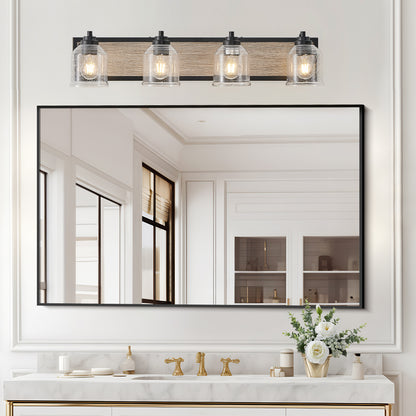 32' Farmhouse Vanity Light Fixture, 4-Light Bathroom Wall Sconce with Clear Seeded Glass Shades, Black and Wood Grain Finish, Modern Industrial Design for Bathroom or Powder Room (No Bulbs)