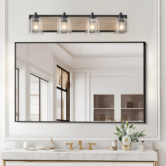 32' Farmhouse Vanity Light Fixture, 4-Light Bathroom Wall Sconce with Clear Seeded Glass Shades, Black and Wood Grain Finish, Modern Industrial Design for Bathroom or Powder Room (No Bulbs)