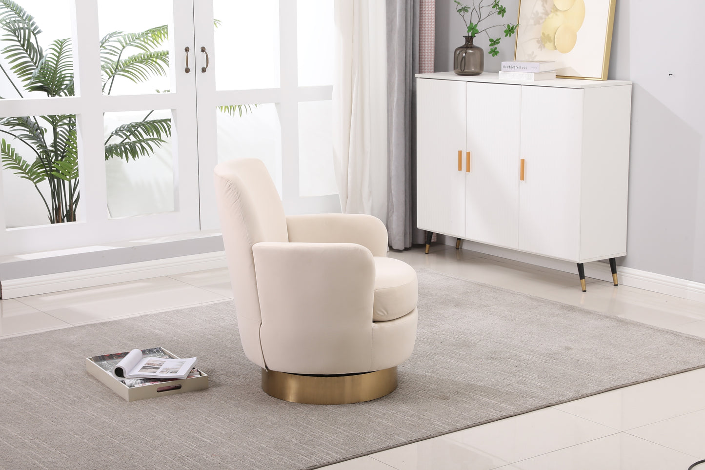 Velvet Swivel Barrel Chair, Swivel Accent Chairs Armchair for Living Room, Reading Chairs for Bedroom Comfy, Round Barrel Chairs with Gold Stainless Steel Base (Beige)