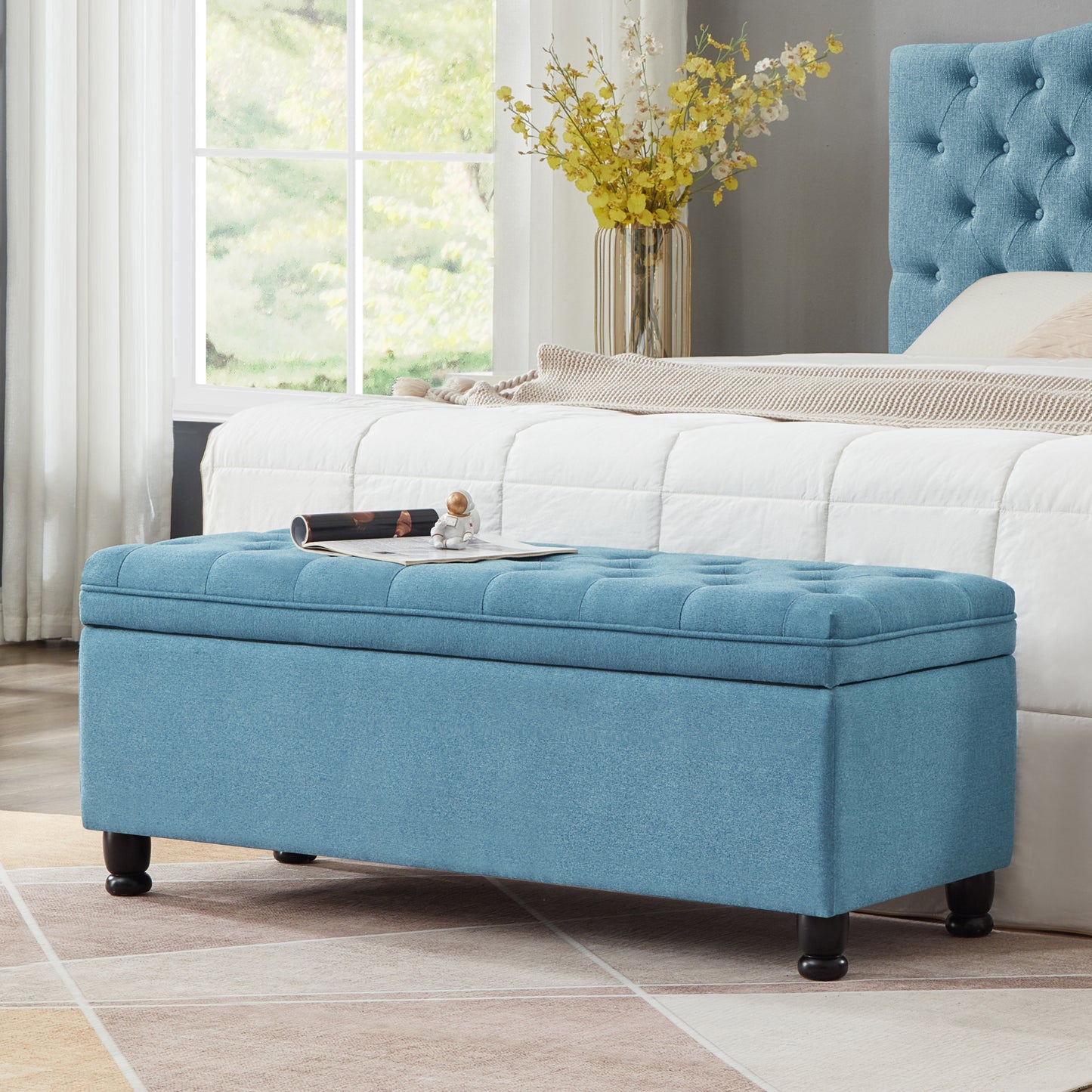 Upholstered tufted button storage bench ,Linen fabric entry bench with spindle wooden legs, Bed bench- Light Blue