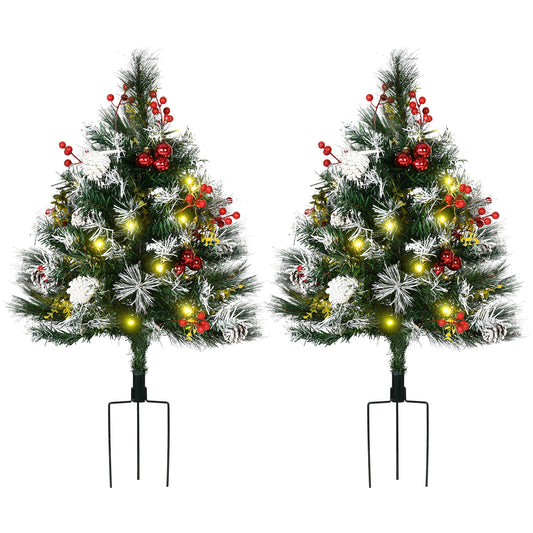 HOMCOM 2.5 Ft/30' 2 Pack Outdoor Entryway Pre-Lit Artificial Christmas Tree Cordless with 70 Branches, Warm White LED lights, Red Berries, Pine Cones, Balls, Green