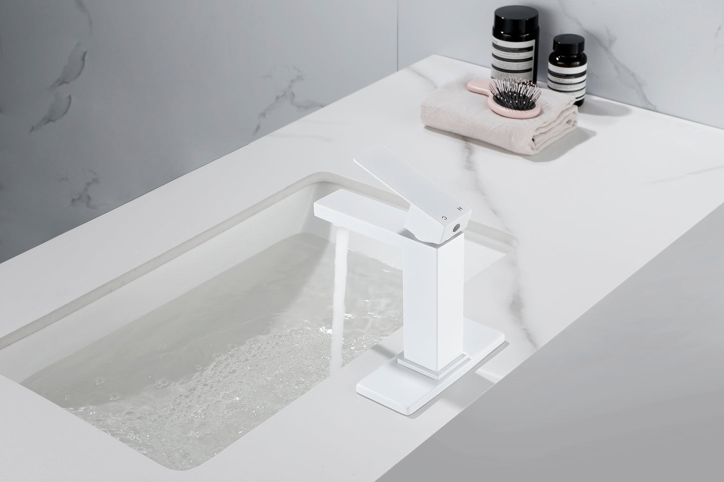 Grifo de baño con caño en cascada, grifo monomando para lavabo de tocador de baño blanco