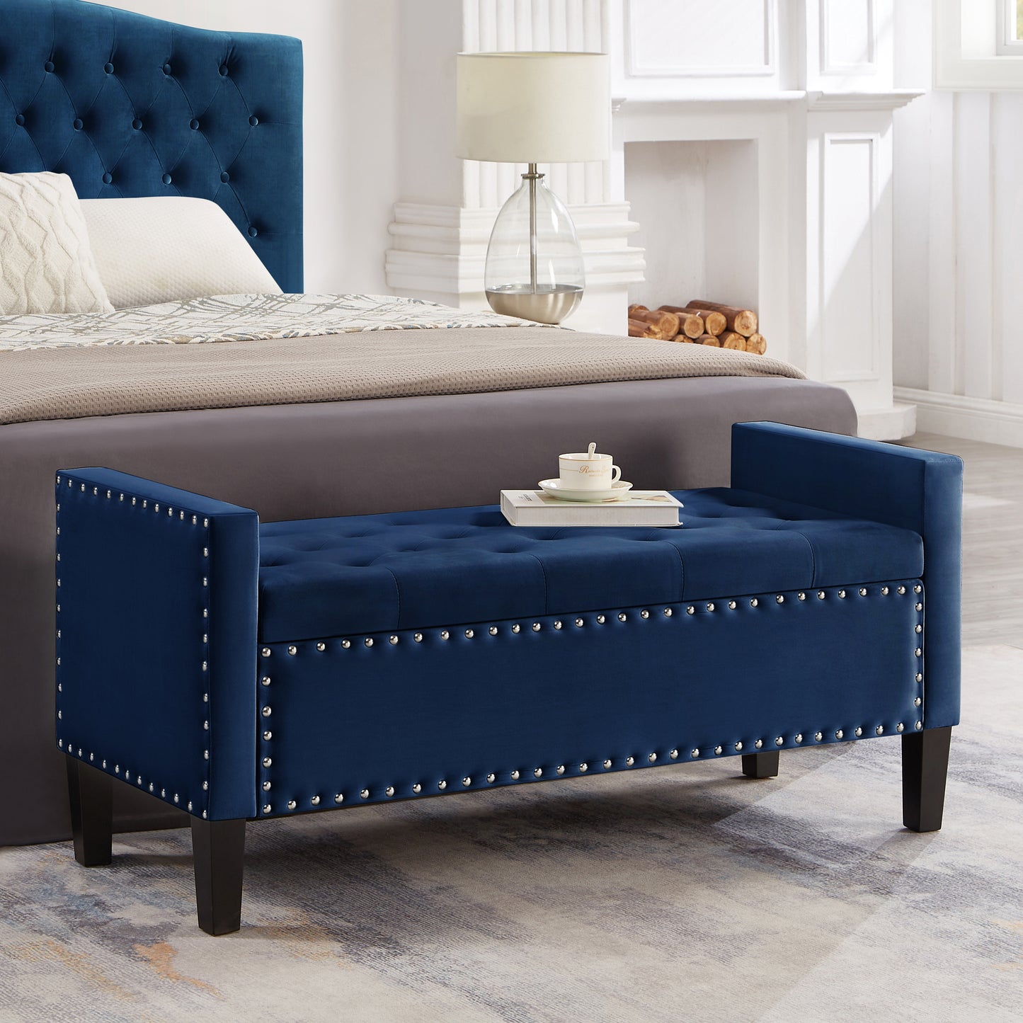 Upholstered Tufted Button Storage Bench with nails trim,Entryway Living Room Soft Padded Seat with Armrest,Bed Bench -Navy