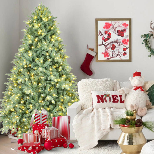 5FT Blue-Green Tint Pre-Lit Christmas Tree with 300 Warm White LED Lights – 592 PE+PVC Tips, Hinged Branches for Easy Setup, Sturdy Metal Stand, Unique Holiday Decoration