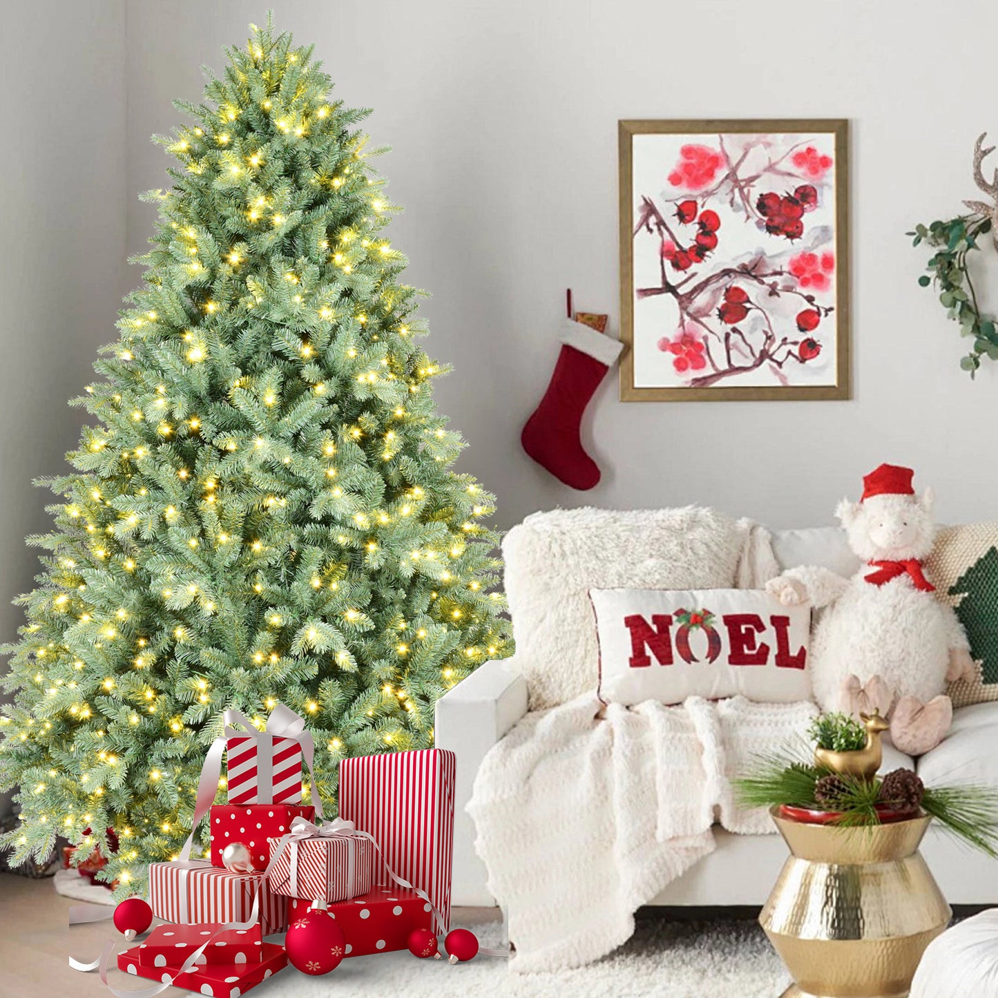 4FT Blue-Green Tint Pre-Lit Christmas Tree with 150 Warm White LED Lights – 592 PE+PVC Tips, Hinged Branches for Easy Setup, Sturdy Metal Stand, Unique Holiday Decoration