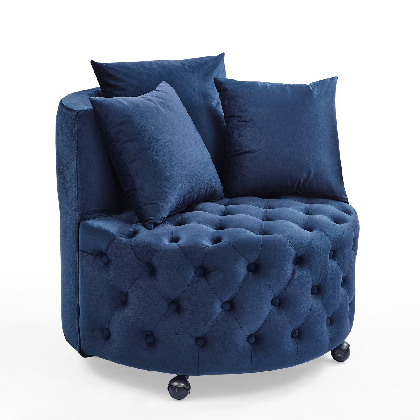 Silla giratoria tapizada en terciopelo para sala de estar, con diseño de botones y ruedas móviles, incluye 3 almohadas, azul