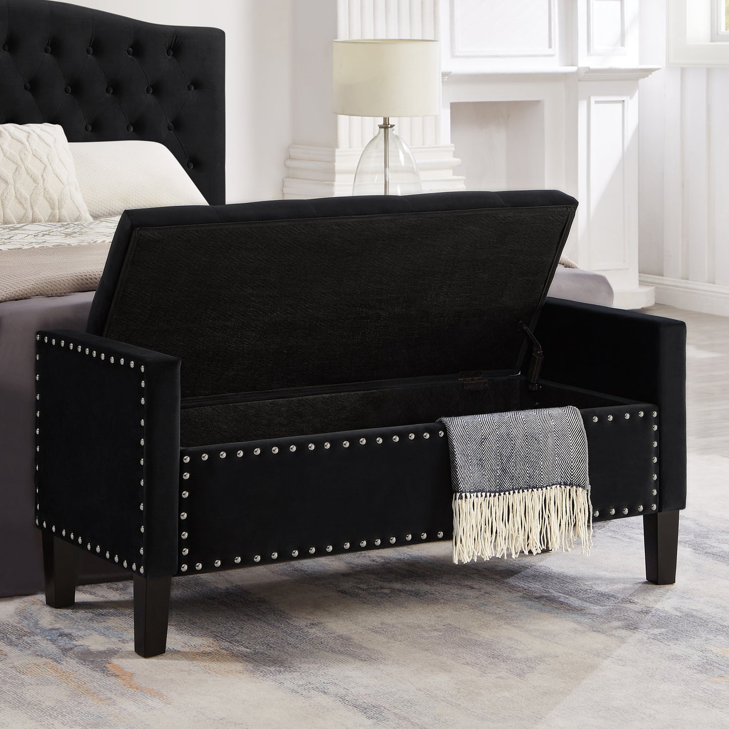 Upholstered Tufted Button Storage Bench with nails trim,Entryway Living Room Soft Padded Seat with Armrest,Bed Bench-Black