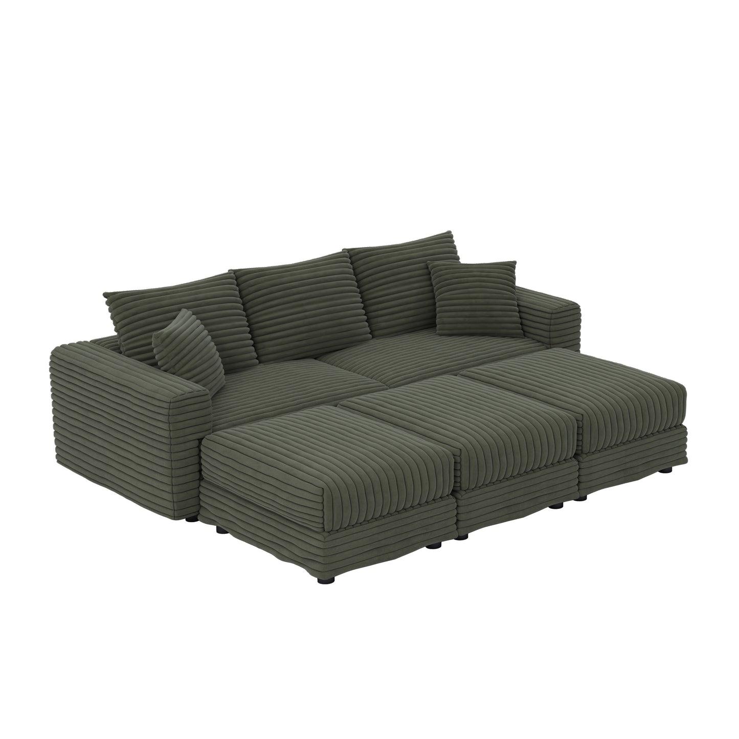 82.7 ' Plush Corduroy 3-Seat Sofa, Modern Comfy Upholstered Sofa Cloud Couch, Deep Seat Couches with Soft Pillows and 3 Ottomans, Convertible Sofa Lounge Chair, for Living Room,Apartment,Office,Green