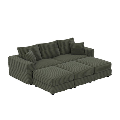 82.7 ' Plush Corduroy 3-Seat Sofa, Modern Comfy Upholstered Sofa Cloud Couch, Deep Seat Couches with Soft Pillows and 3 Ottomans, Convertible Sofa Lounge Chair, for Living Room,Apartment,Office,Green