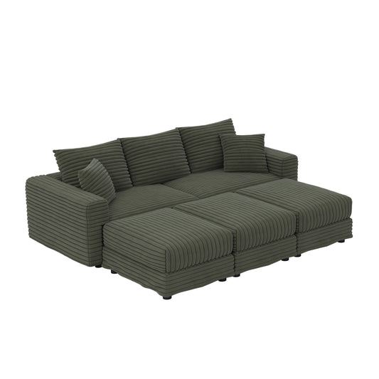 82.7 ' Plush Corduroy 3-Seat Sofa, Modern Comfy Upholstered Sofa Cloud Couch, Deep Seat Couches with Soft Pillows and 3 Ottomans, Convertible Sofa Lounge Chair, for Living Room,Apartment,Office,Green