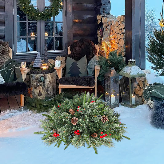 20-Inch Christmas Ground Tree with PE/PVC & Flowering Pine Needle Branches, 220 Tips, Pine Cones & Red Berries – Outdoor Holiday Garden Tree for Porch, Pathway, or Entryway Decor