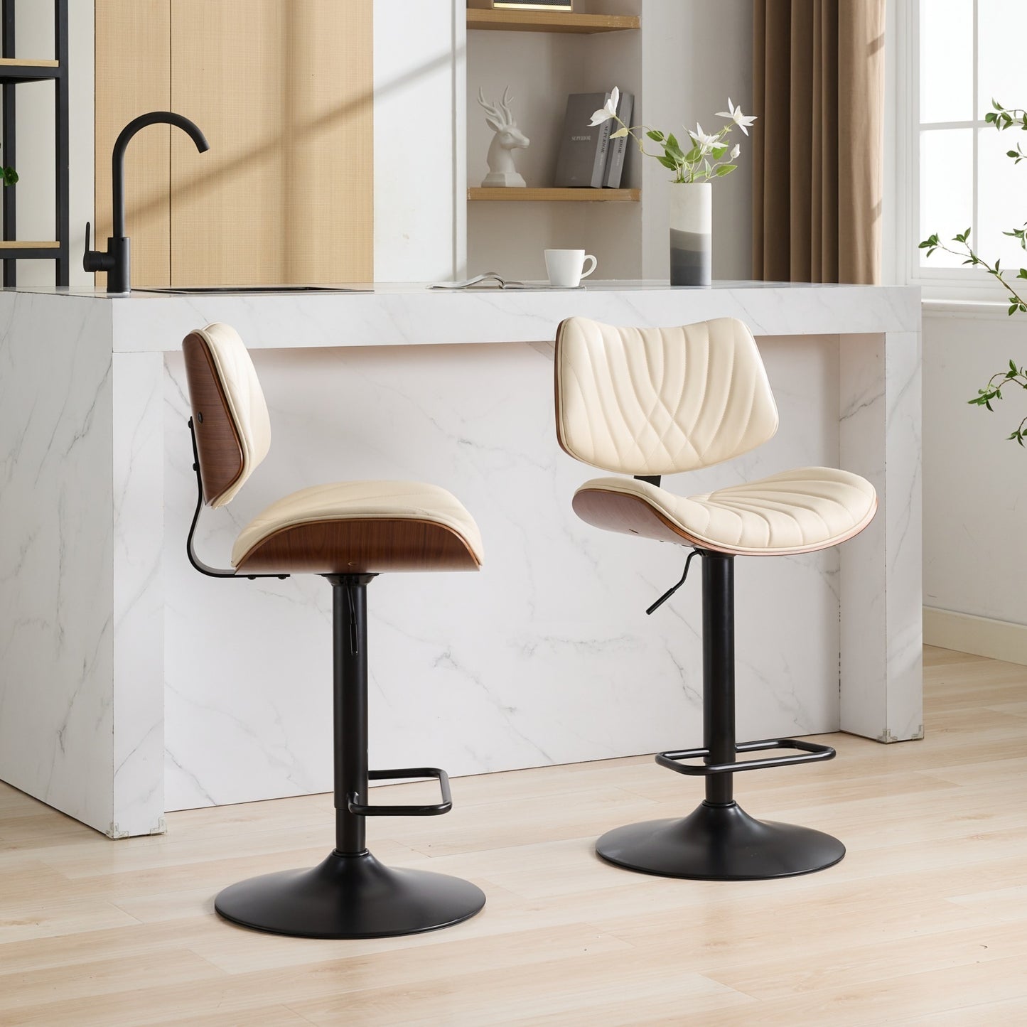 Walnut Bentwood Bar Stools Mid Century Modern Adjustable Counter Height Black Leather Upholstered 360°Swivel Bar Chairs for Kitchen Island/Dining Room/Cafe, 1 chair/1carton,Beige