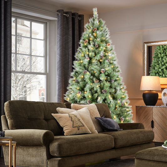 7FT Christmas Tree with 400 Warm White LED Lights – 1348 PVC & Hard Needle Tips, 82 Pine Cones, Hinged Branch Design, Sturdy Metal Stand – Full Realistic Holiday Tree