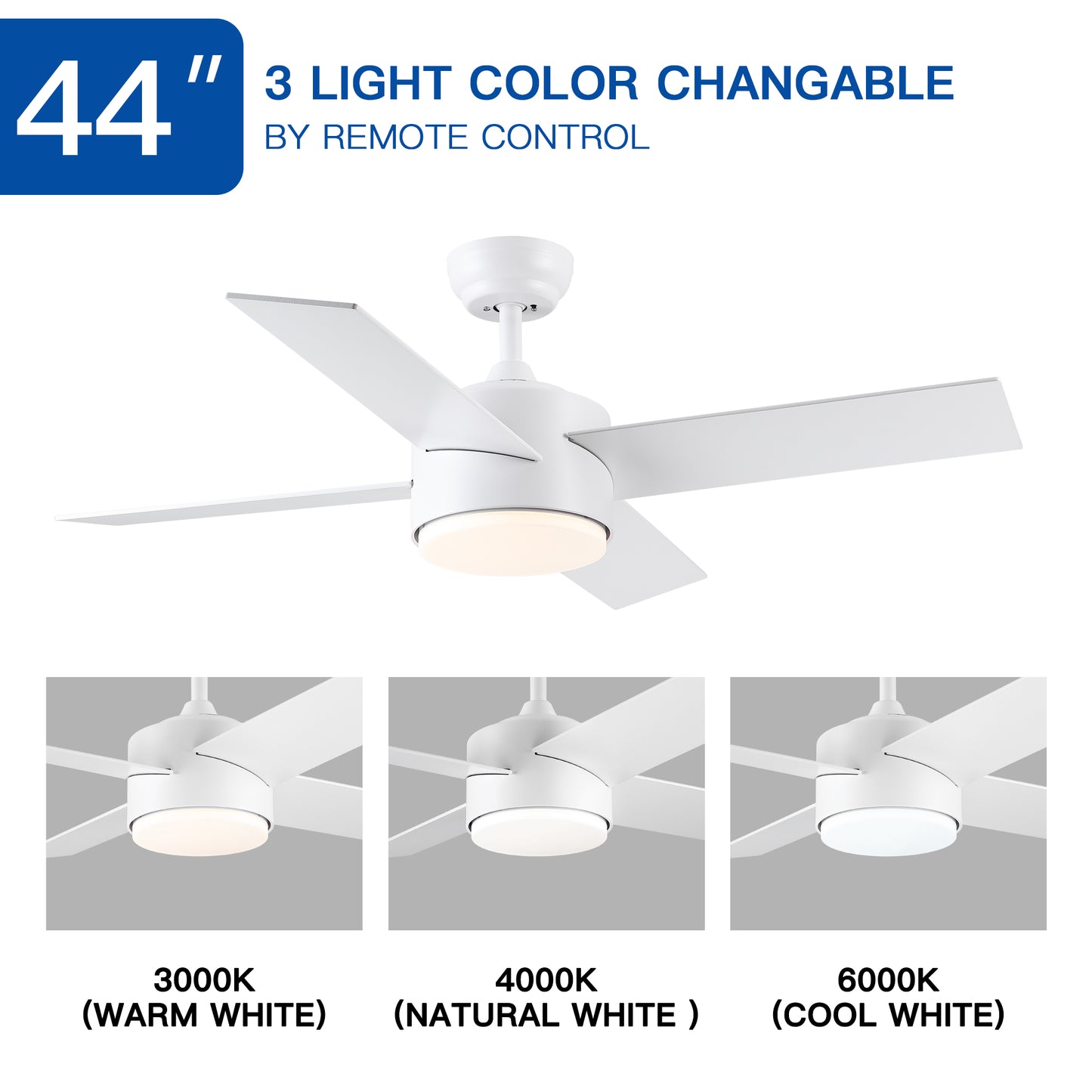 YUHAO 44 In Intergrated LED Ceiling Fan Lighting with White ABS Blade