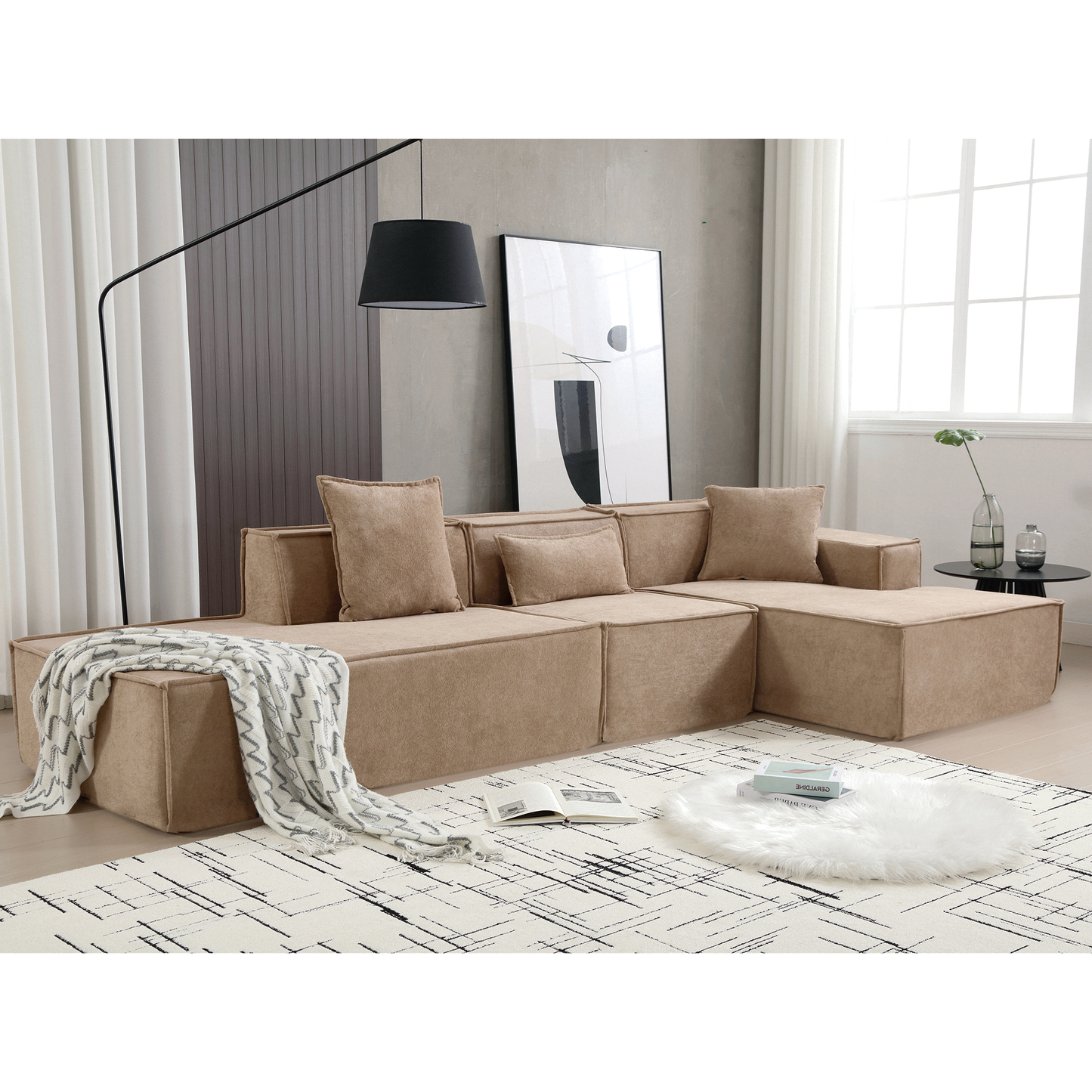 [VIDEO PROVIDED] Modular combination living room sofa set, modern minimalist sofa, free installation sofa, L-shaped, Italian minimalist tofu block sofa,  Right-Hand Facing,Light Brown