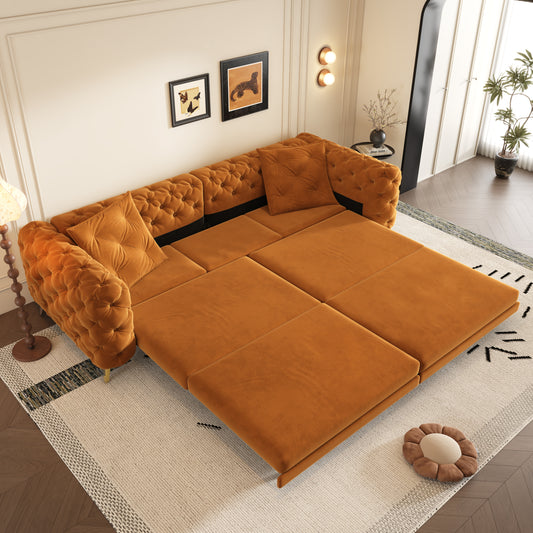 97.7' 3-in-1 Convertible Sleeper Sofa,28.4' Deep Seat Pull Out Sofa Bed,Button Tufted Modern Sofa,4-Seater Couch with Movable Ottoman  for Living Room,Small Space, Apartment,Office, Bedroom,Orange