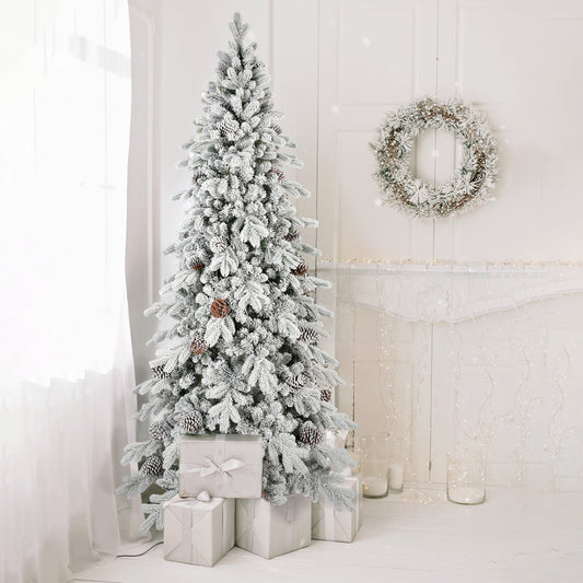9 FT Flocked PE/PVC Christmas Tree with 52 Natural Pine Cones – 2138Tips, Space-Saving Design, Hinged Branches, Stable Metal Stand, Realistic Snowy Look