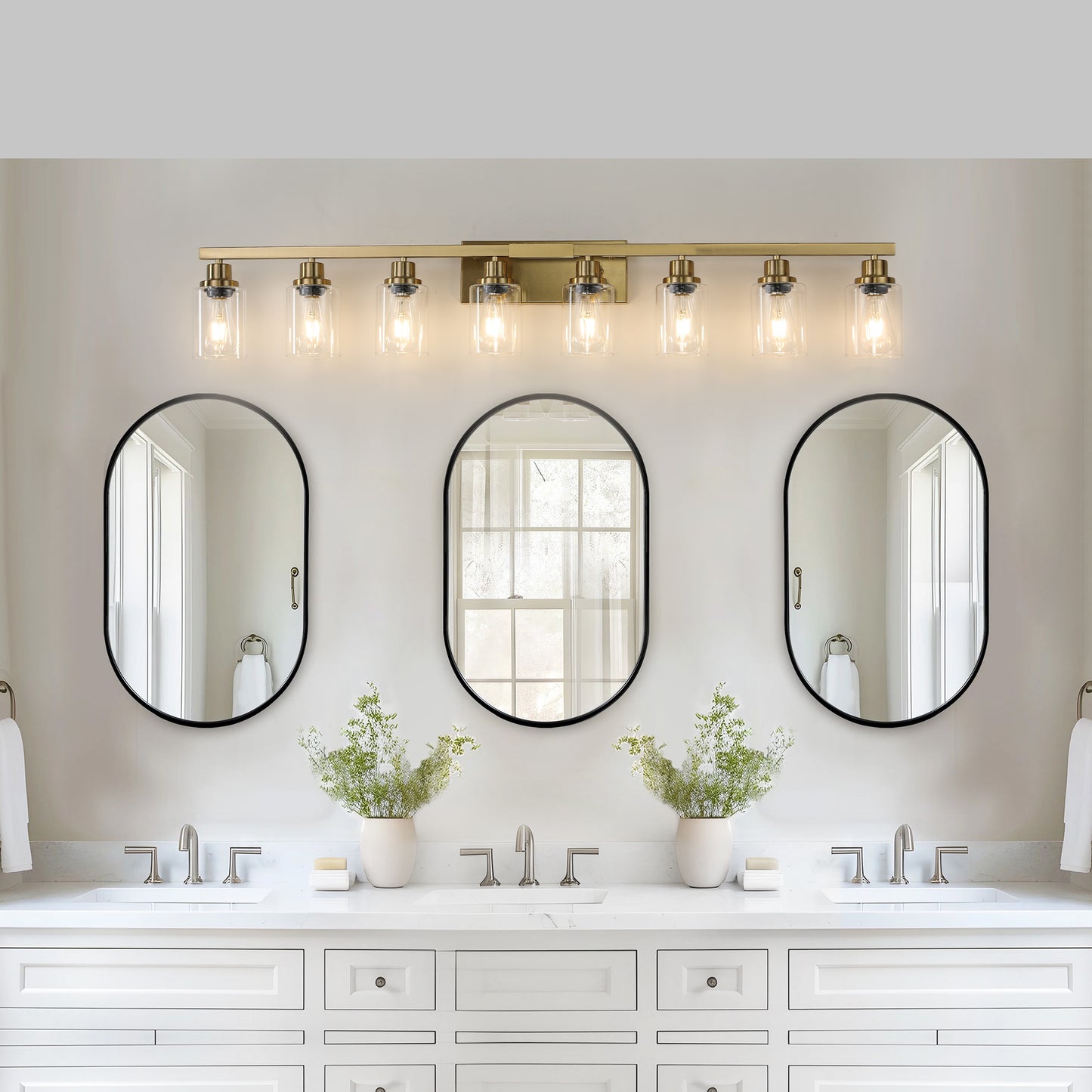 51' Golden 8-Light Vanity Light with Clear Glass Shades, Modern Iron Metal Bathroom Wall Fixture for Mirror, Ideal for Bathroom and Dressing Table (No Bulbs)