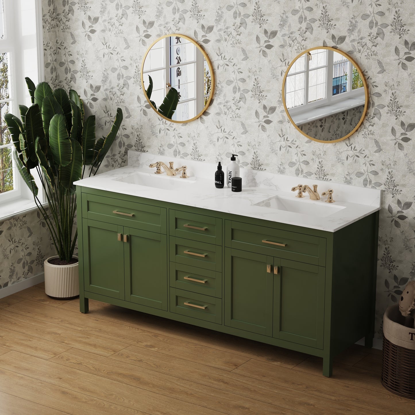 Combinación de lavabo de tocador con encimera de mármol, gabinete de lavabo de baño y tocadores de baño para decoración del hogar - Tocador verde completamente ensamblado de 72 pulgadas con fregadero 23V03-72VG