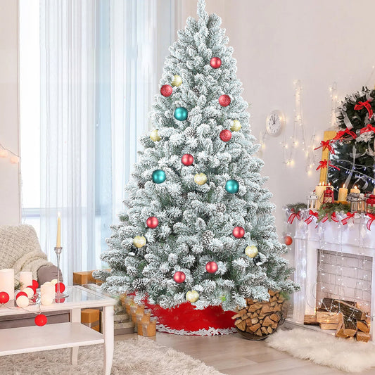 7FT Flocked Christmas Tree with Pine Cones – Snowy PVC Artificial Holiday Tree, 1124 Tips, 45 Natural Pinecones, Sturdy Metal Stand, Full Shape for Seasonal Decoration