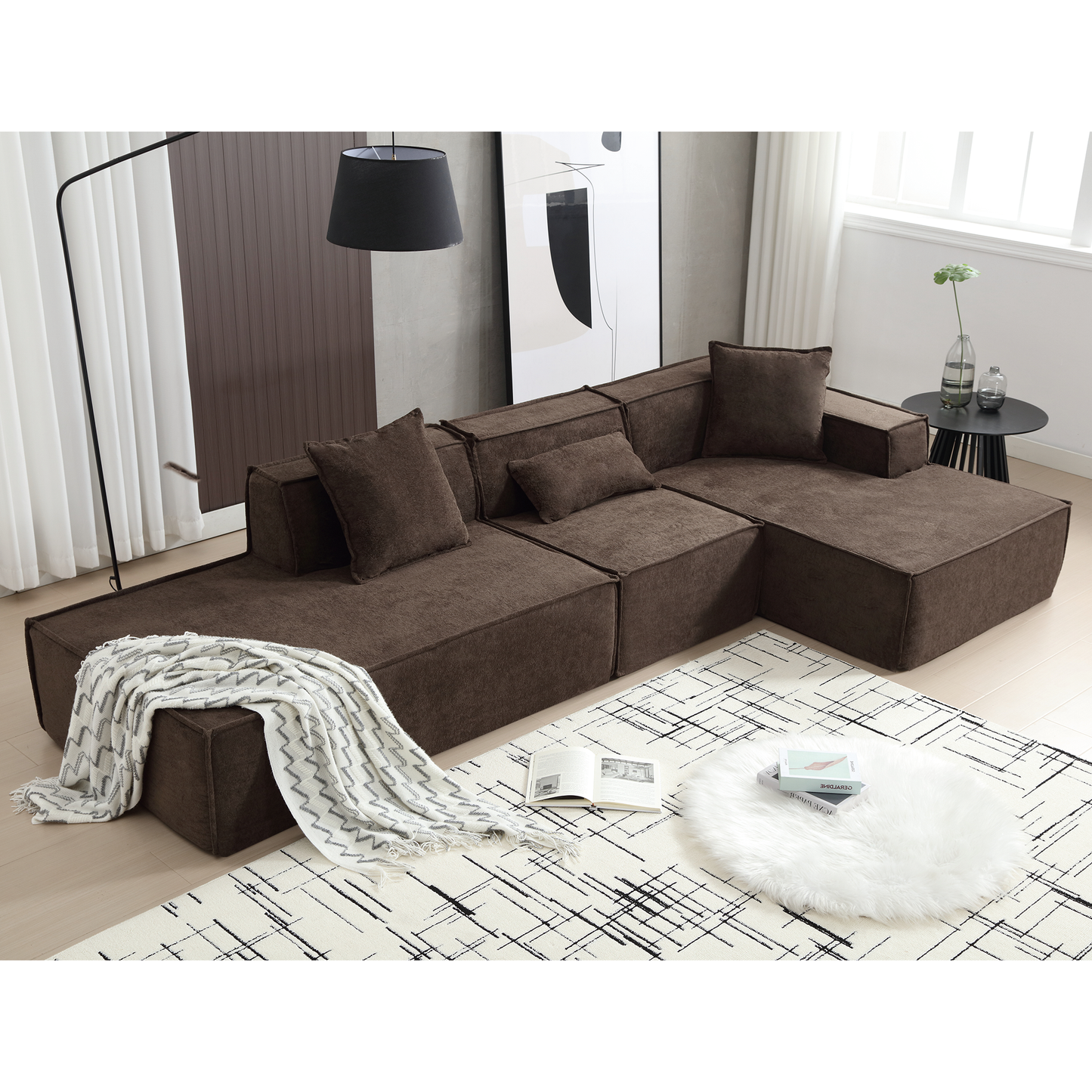 [VIDEO PROVIDED] Modular combination living room sofa set, modern minimalist sofa, free installation sofa, L-shaped, Italian minimalist tofu block sofa,Right-Hand Facing, Dark brown