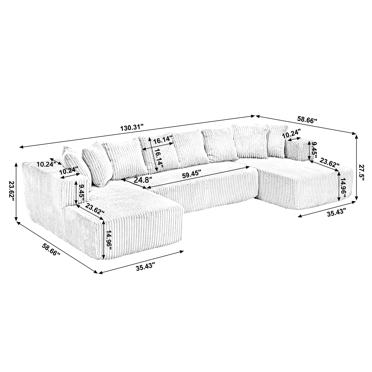 [NEW ARRIVED] [VIDEO PROVIDED]131'' Modular Sectional Couch, U-shaped sofa , Chaise Lounge, Striped fabric,Upholstered 4 Seater Couch for Living Room, Bedroom, Free Combination Sofa (Corduroy), Gray