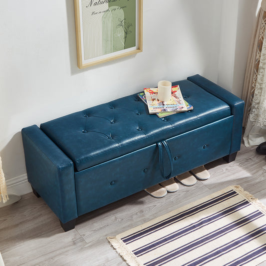 48' Ottoman Bench with Storage, Bench for Bedroom,Living Room,Hallway, Upholstered Tufted Faux Leather PU Ottoman Blue