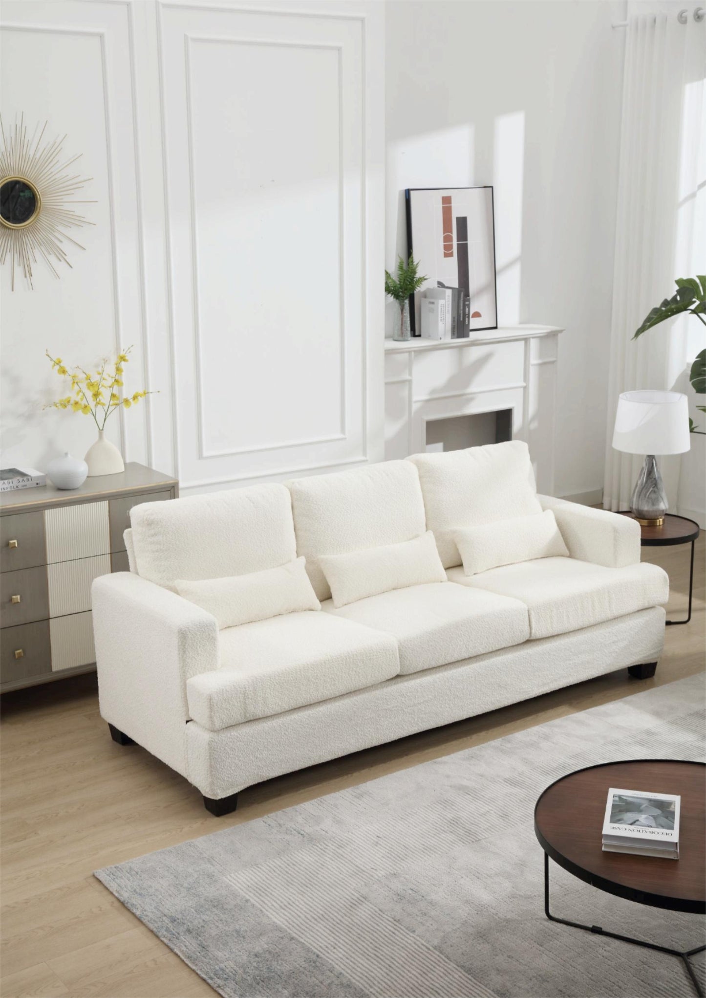 [VIDEO PROVIDED] 88.4" Length Modern Sofas Couches for Living Room, Sofas & couches with Square Armrest, Removable back Cushion and 3pcs waist pillow  (White&Gray Fabric)