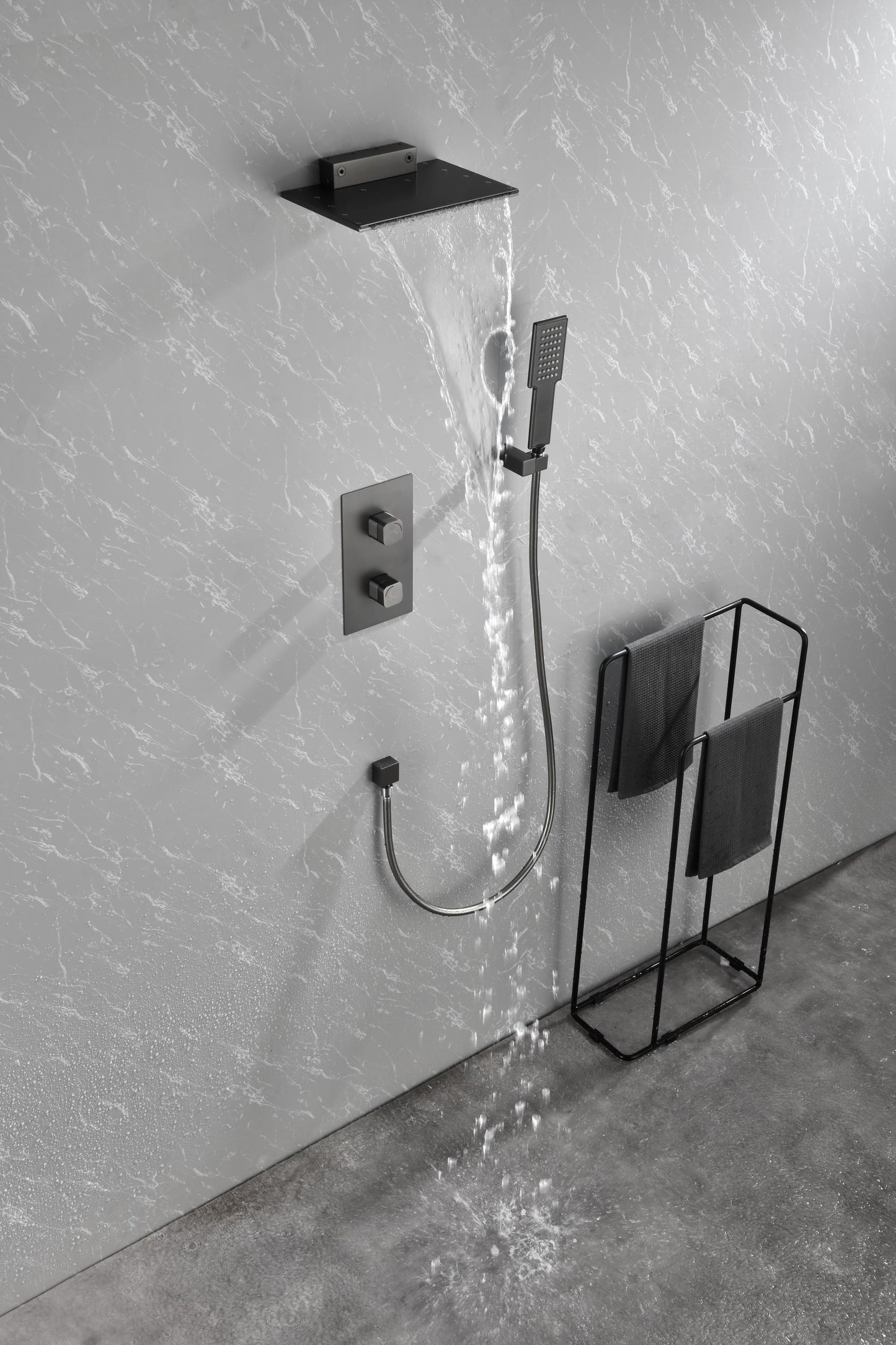 Waterfall Spout Wall Mounted shower  with Handheld   Shower  Systems  Gun Gray Metal