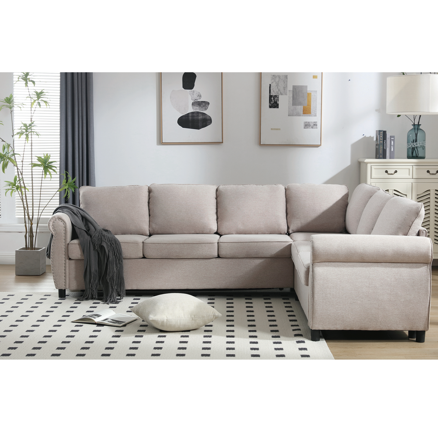 [NEW ARRIVED] [VIDEO PROVIDED] Sleeper Sofa, 2 in 1 Pull Out Couch Bed,6 seater sofa bed, L Shaped Sleeper Sectional Sofa Couch,Riveted sofa,104'' Large combined sofa Bed in living room, Beige