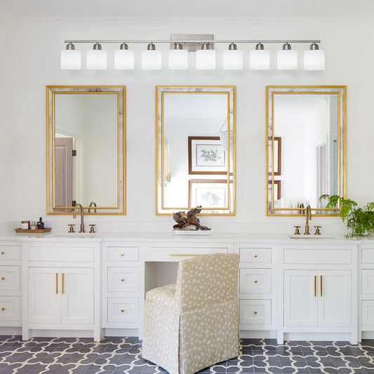 10-Light Bathroom Light Fixtures, 6552inch Nickel Vanity Light with Milky White Glass Shade, Modern Bathroom Wall Lights Over Mirror, Farmhouse Wall Sconces Lighting for Bedroom Living Room