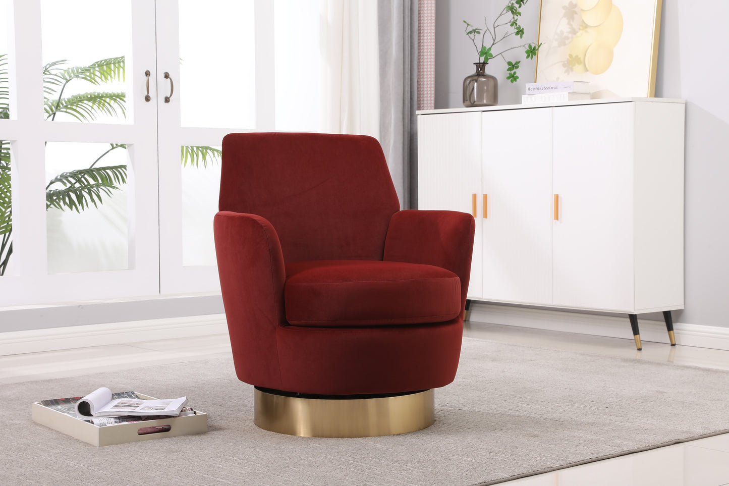 Velvet Swivel Barrel Chair, Swivel Accent Chairs Armchair for Living Room, Reading Chairs for Bedroom Comfy, Round Barrel Chairs with Gold Stainless Steel Base (Brownish red)