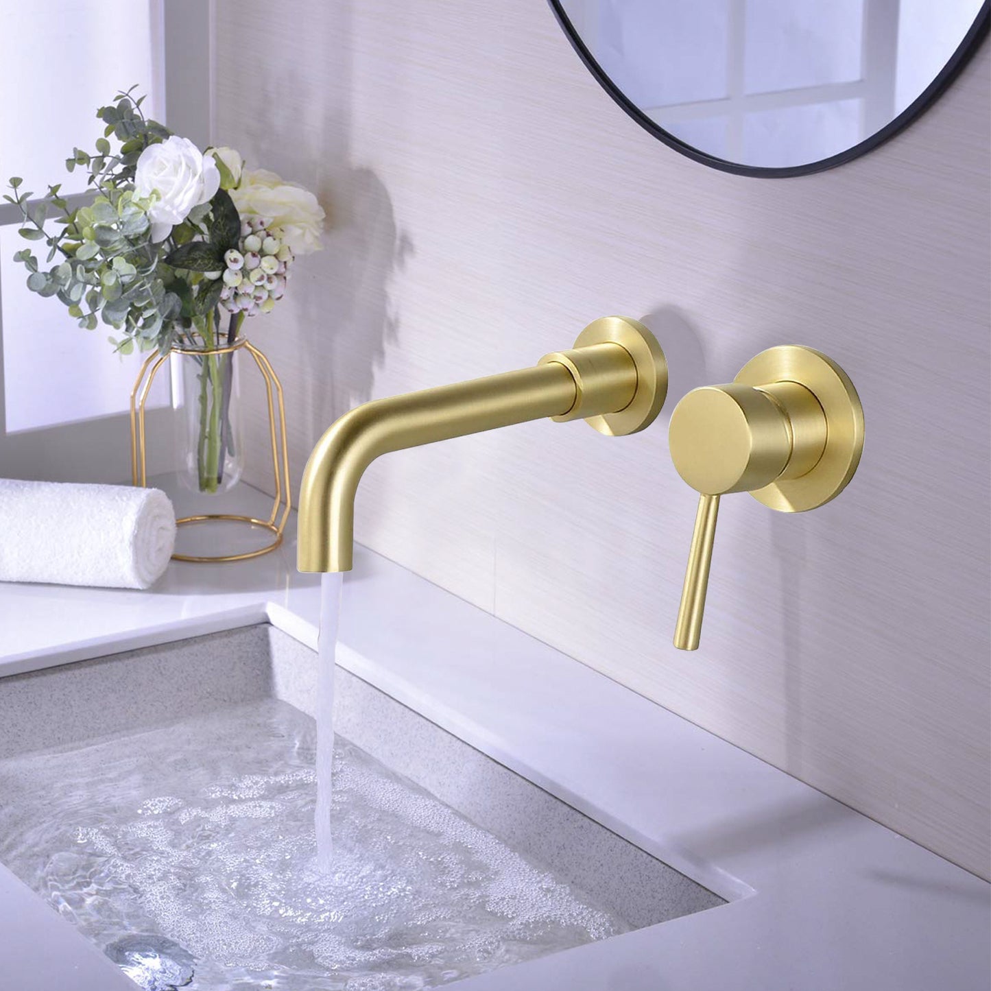 Grifo de baño monomando para montaje en pared, oro cepillado