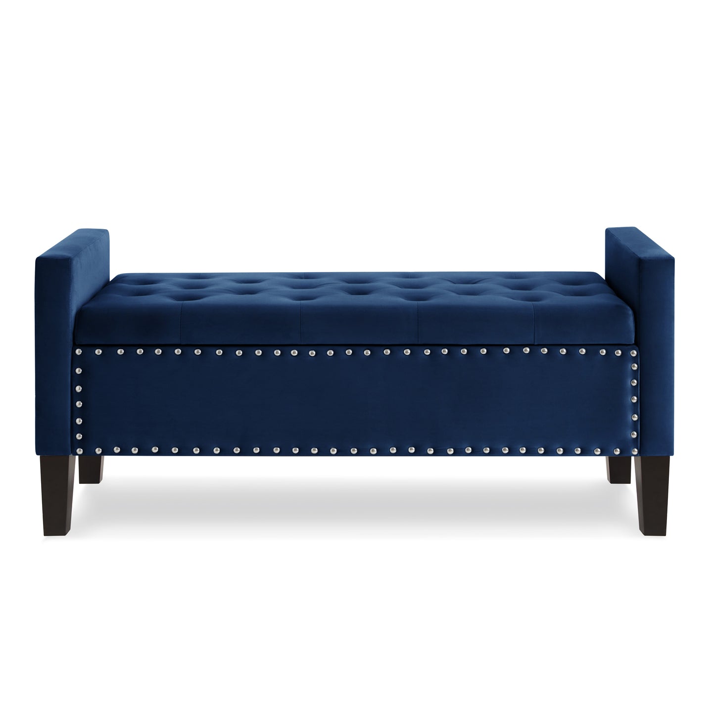 Upholstered Tufted Button Storage Bench with nails trim,Entryway Living Room Soft Padded Seat with Armrest,Bed Bench -Navy