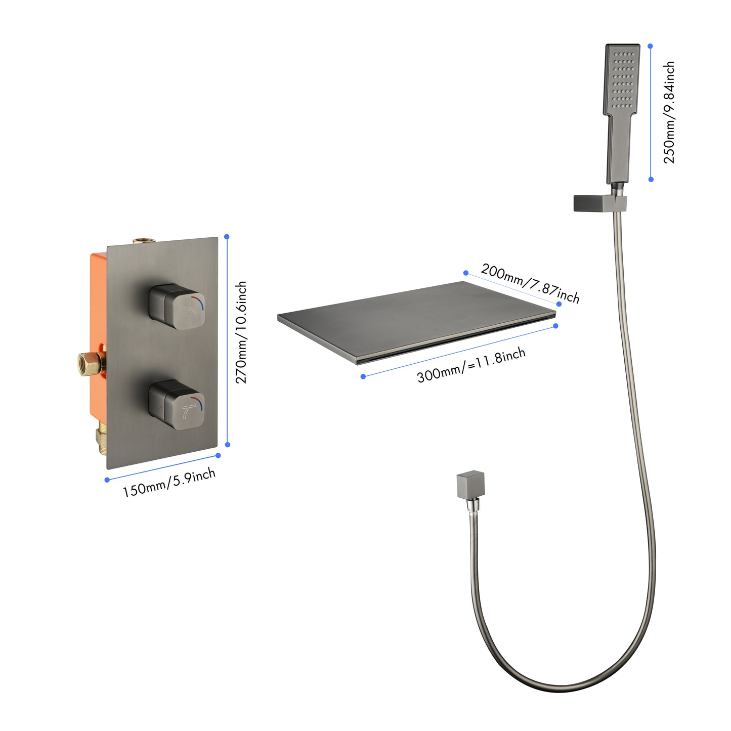 Waterfall Spout Wall Mounted shower  with Handheld   Shower  Systems  Gun Gray Metal